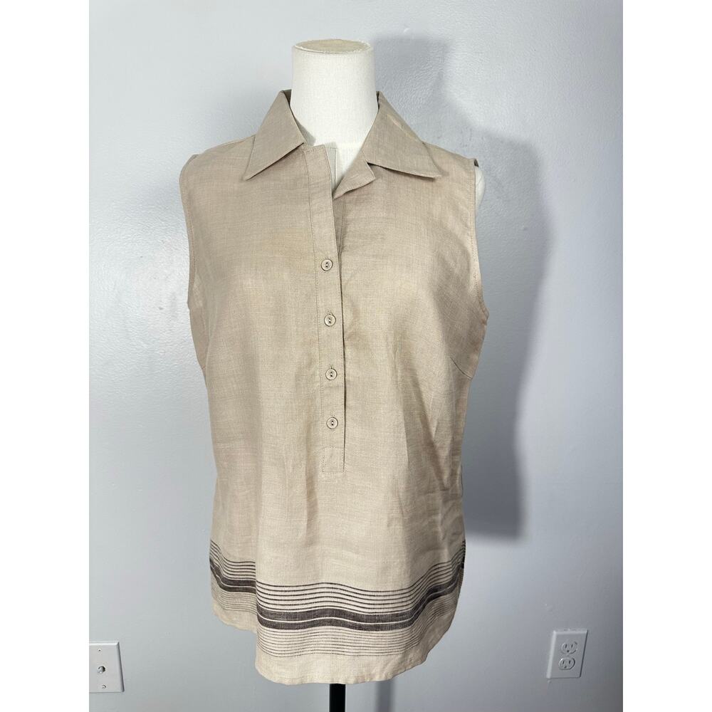 VTG Carole Little 100% Linen Sleeveless Tunic Top Belted Striped Hem Vintage M